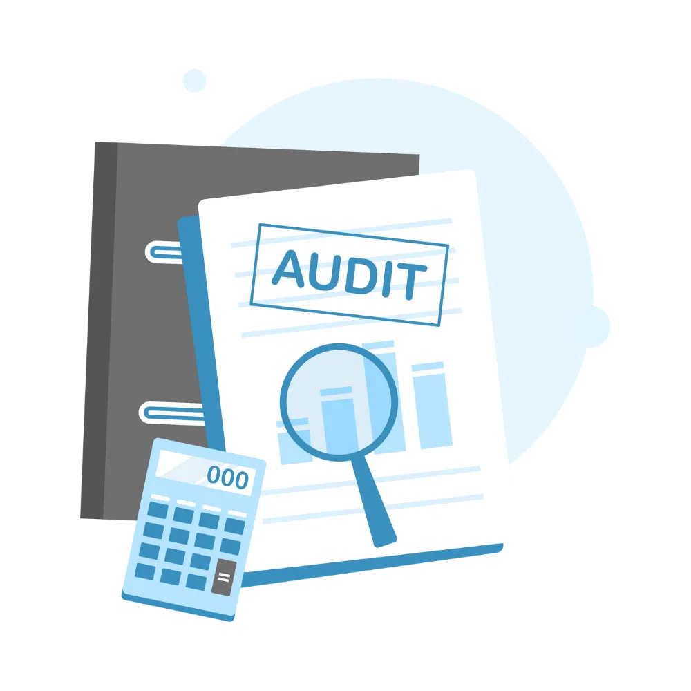 tax audit Tax audit folder with magnifying glass and calculator for IRS audit support